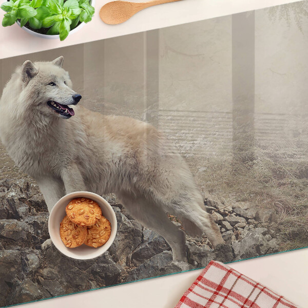 Tagliere in vetro temperato con decorazione raffigurante un lupo su una montagna rocciosa