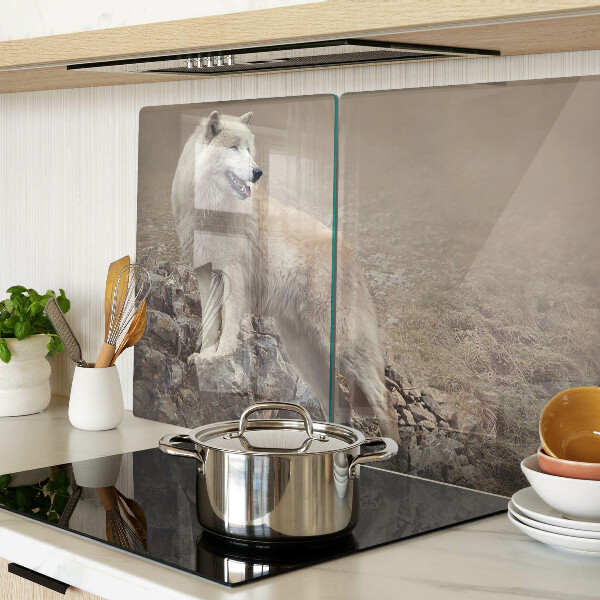 Tagliere in vetro temperato con decorazione raffigurante un lupo su una montagna rocciosa