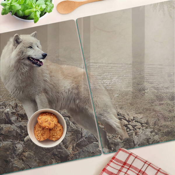 Tagliere in vetro temperato con decorazione raffigurante un lupo su una montagna rocciosa