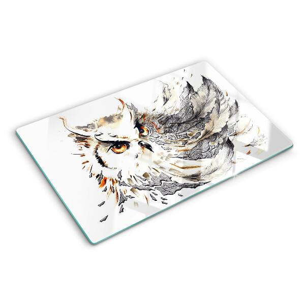 Tagliere in vetro temperato con stampa a gufo con dettagli delle piume