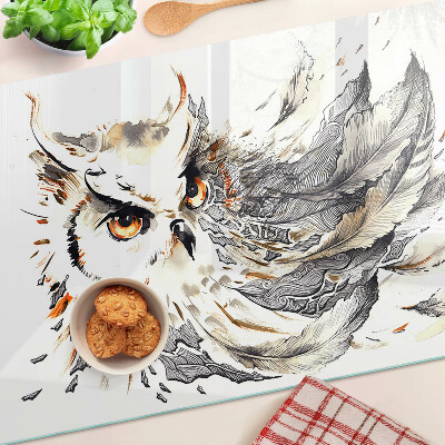 Tagliere in vetro temperato con stampa a gufo con dettagli delle piume