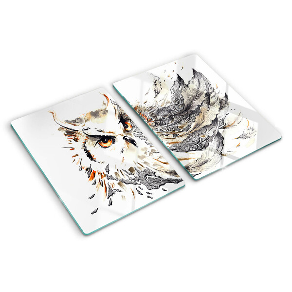 Tagliere in vetro temperato con stampa a gufo con dettagli delle piume