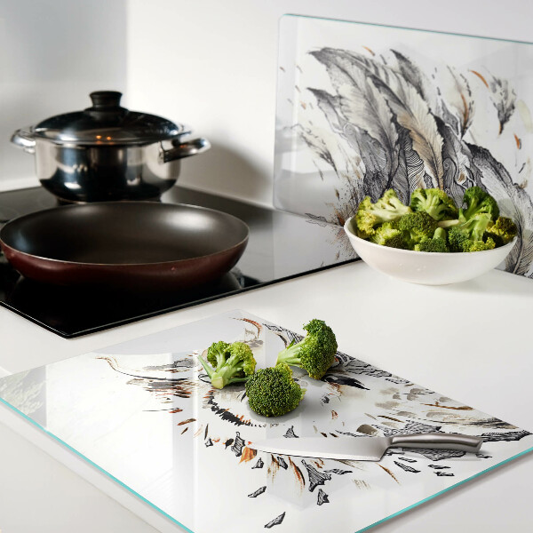 Tagliere in vetro temperato con stampa a gufo con dettagli delle piume