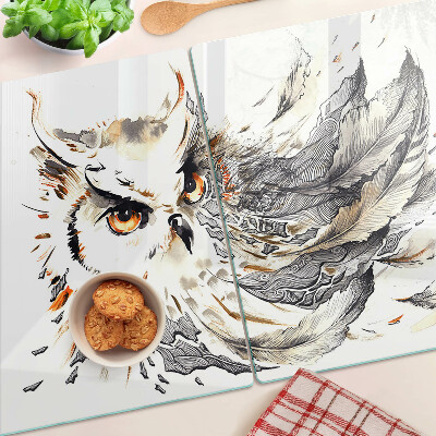 Tagliere in vetro temperato con stampa a gufo con dettagli delle piume