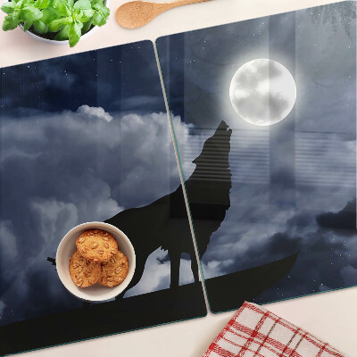 Tagliere in vetro con decorazione raffigurante un lupo nel bagliore della luna