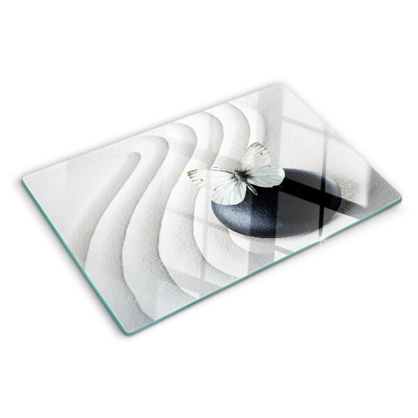 Tagliere in vetro temperato con motivo di farfalla su fondo effetto pietra