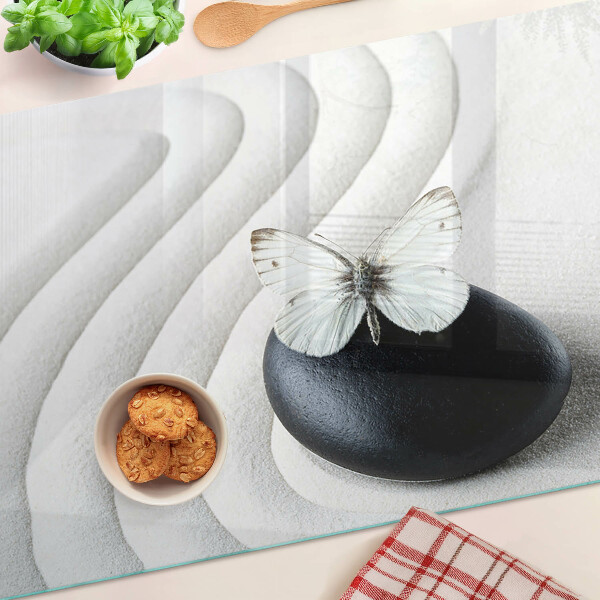 Tagliere in vetro temperato con motivo di farfalla su fondo effetto pietra