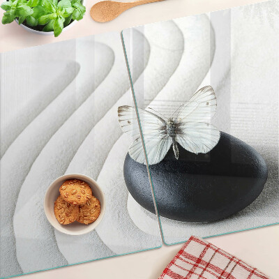 Tagliere in vetro temperato con motivo di farfalla su fondo effetto pietra