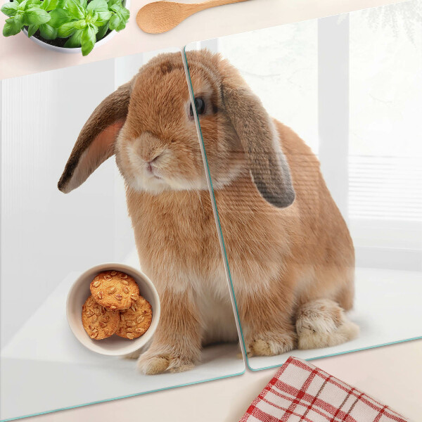 Tagliere in vetro temperato con motivo coniglio su sfondo bianco