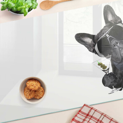 Tagliere in vetro temperato con stampa di un cane che indossa occhiali da sole