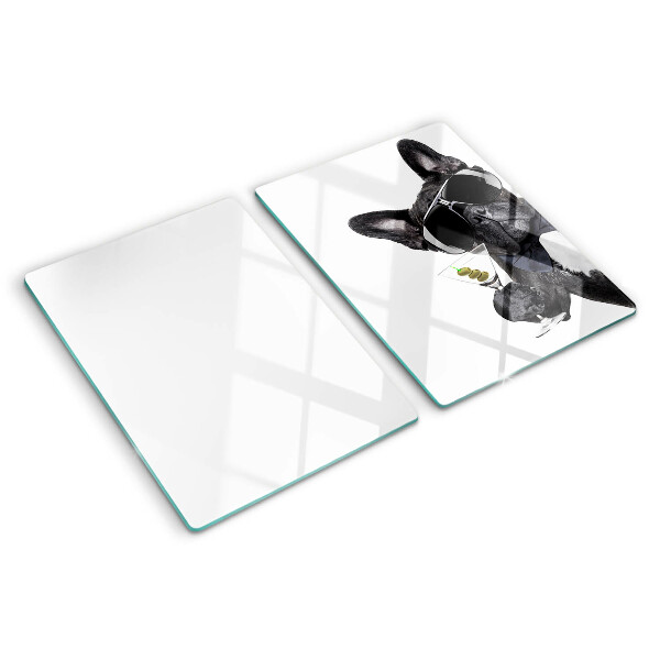 Tagliere in vetro temperato con stampa di un cane che indossa occhiali da sole