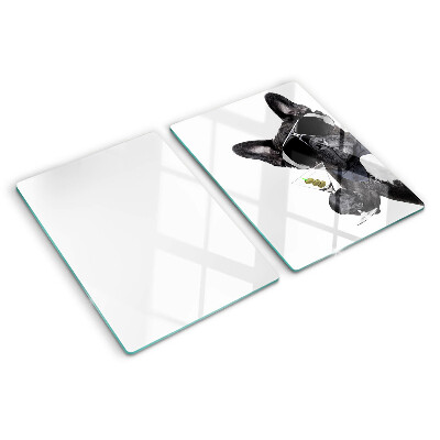 Tagliere in vetro temperato con stampa di un cane che indossa occhiali da sole
