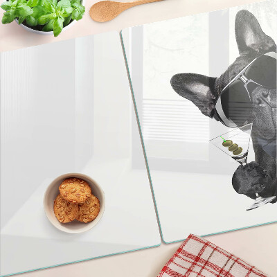 Tagliere in vetro temperato con stampa di un cane che indossa occhiali da sole