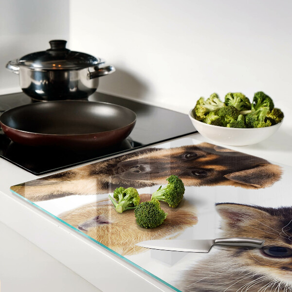 Tagliere in vetro temperato con motivo con cani, gatti e conigli