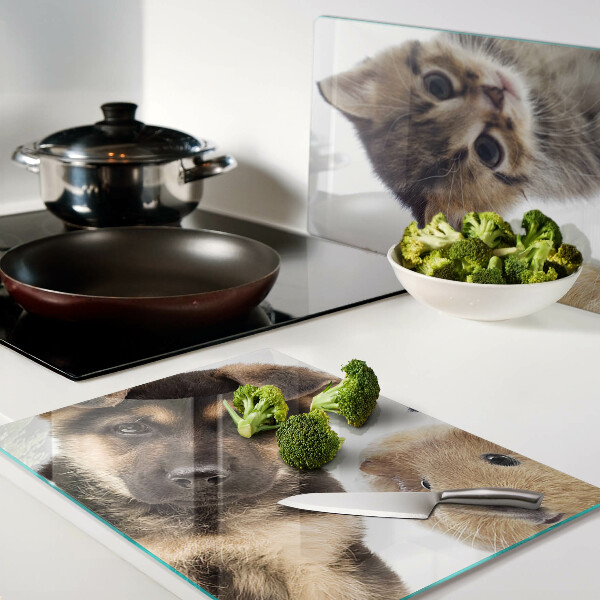 Tagliere in vetro temperato con motivo con cani, gatti e conigli