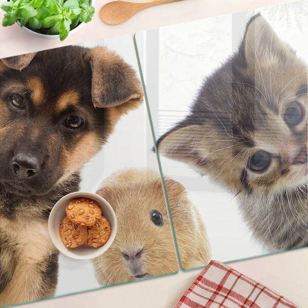 Tagliere in vetro temperato con motivo con cani, gatti e conigli
