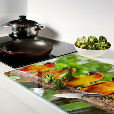 Tagliere in vetro con disegno di pappagalli su un ramo