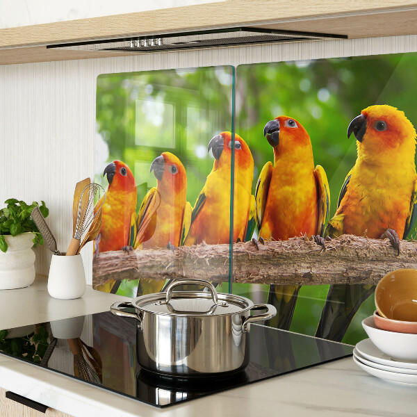 Tagliere in vetro con disegno di pappagalli su un ramo