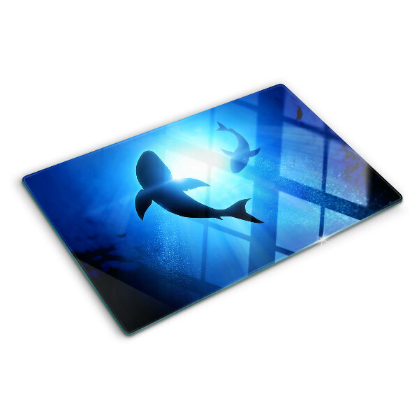 Tagliere in vetro temperato con stampa di squali nel paesaggio sottomarino