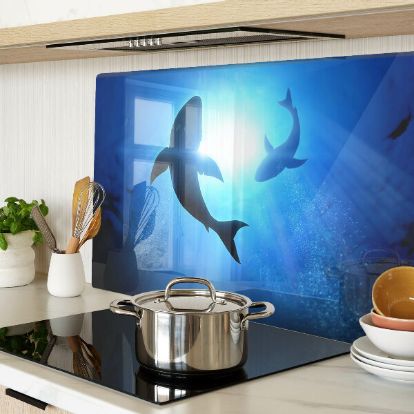Tagliere in vetro temperato con stampa di squali nel paesaggio sottomarino