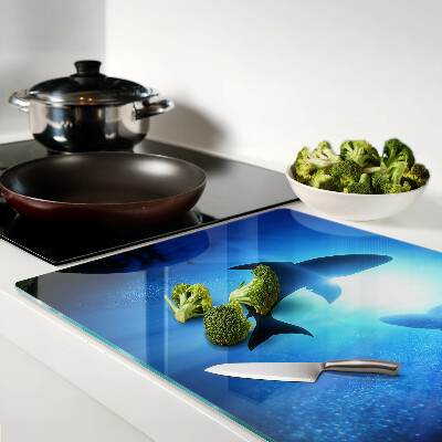 Tagliere in vetro temperato con stampa di squali nel paesaggio sottomarino