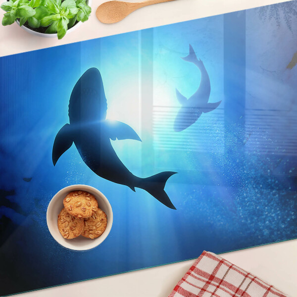 Tagliere in vetro temperato con stampa di squali nel paesaggio sottomarino