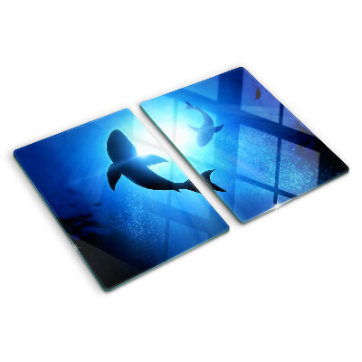 Tagliere in vetro temperato con stampa di squali nel paesaggio sottomarino