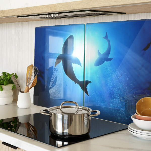 Tagliere in vetro temperato con stampa di squali nel paesaggio sottomarino