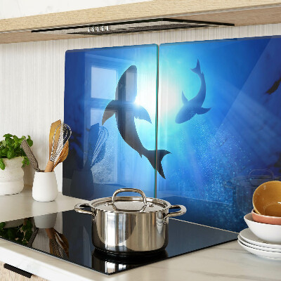 Tagliere in vetro temperato con stampa di squali nel paesaggio sottomarino