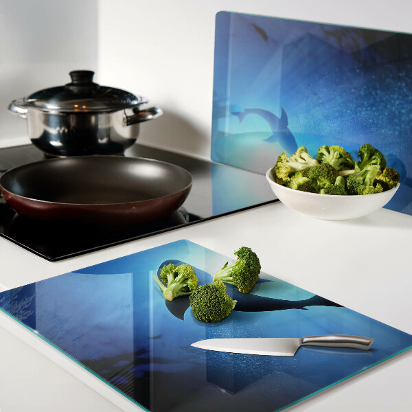 Tagliere in vetro temperato con stampa di squali nel paesaggio sottomarino