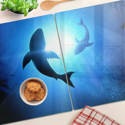Tagliere in vetro temperato con stampa di squali nel paesaggio sottomarino