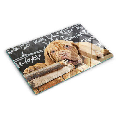 Tagliere in vetro con stampa raffigurante un cane accanto a libri e una lavagna