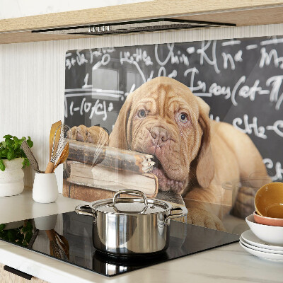 Tagliere in vetro con stampa raffigurante un cane accanto a libri e una lavagna