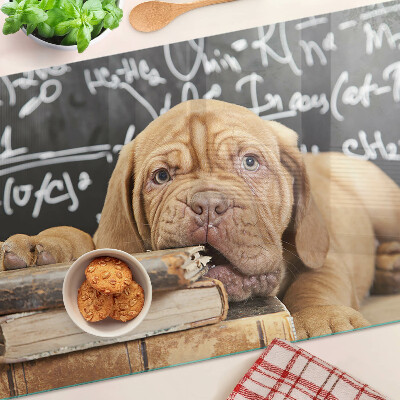 Tagliere in vetro con stampa raffigurante un cane accanto a libri e una lavagna