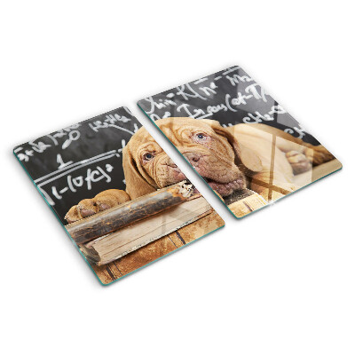 Tagliere in vetro con stampa raffigurante un cane accanto a libri e una lavagna