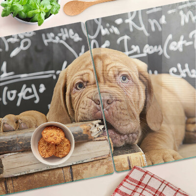 Tagliere in vetro con stampa raffigurante un cane accanto a libri e una lavagna