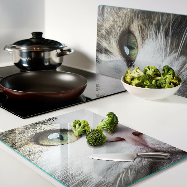 Tagliere in vetro temperato con stampa di un gatto dagli occhi verdi