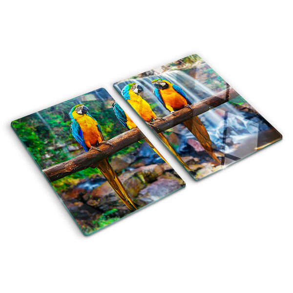 Tagliere in vetro temperato con stampa di pappagalli su un ramo nella foresta tropicale
