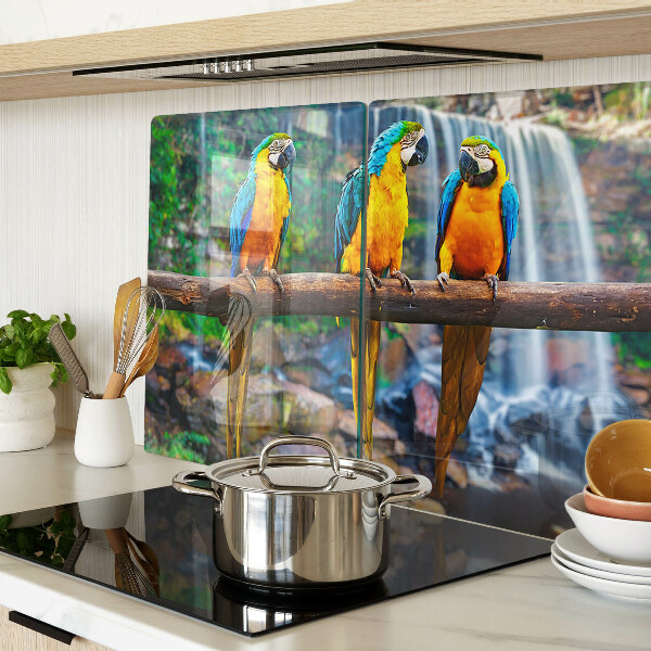 Tagliere in vetro temperato con stampa di pappagalli su un ramo nella foresta tropicale