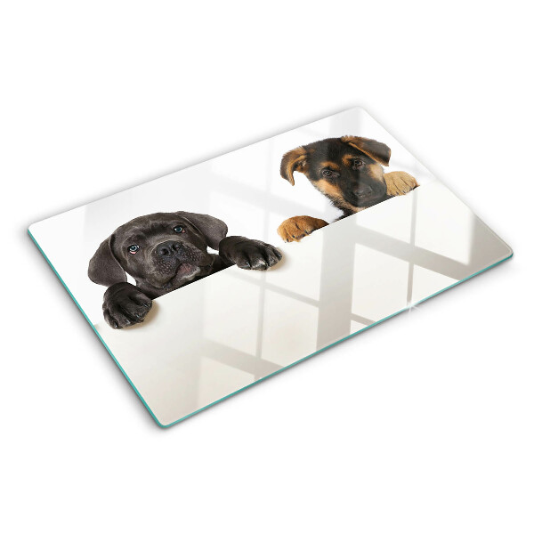 Tagliere in vetro con decorazione raffigurante due cagnolini che si guardano