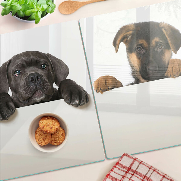 Tagliere in vetro con decorazione raffigurante due cagnolini che si guardano