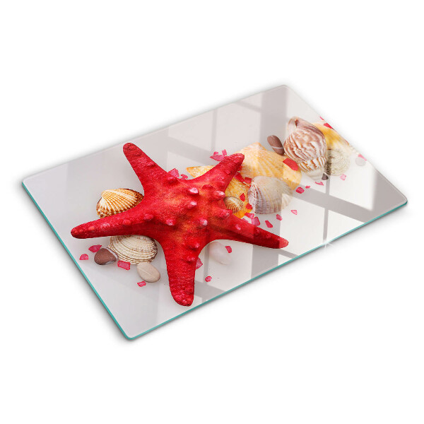 Tagliere in vetro temperato con motivo con conchiglie e stella marina
