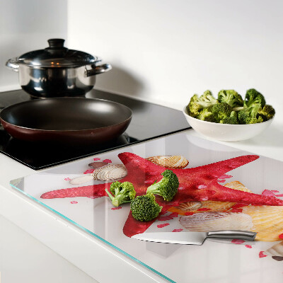 Tagliere in vetro temperato con motivo con conchiglie e stella marina