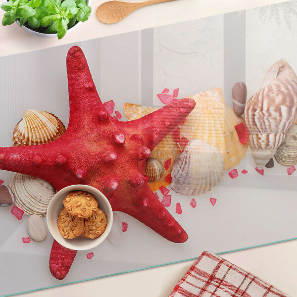Tagliere in vetro temperato con motivo con conchiglie e stella marina