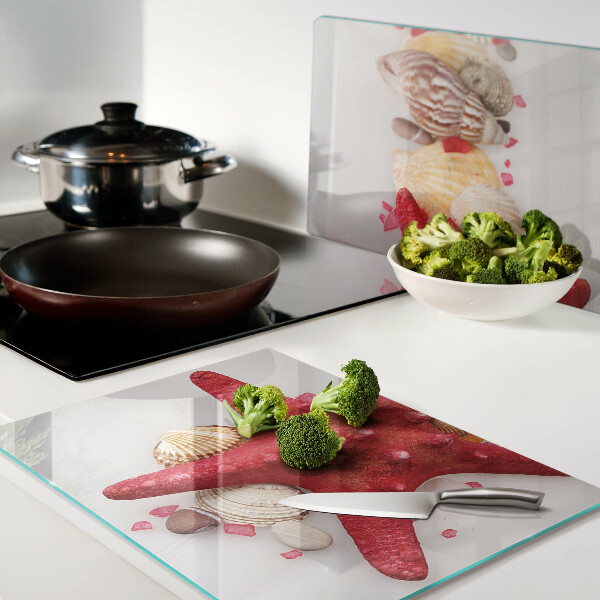 Tagliere in vetro temperato con motivo con conchiglie e stella marina