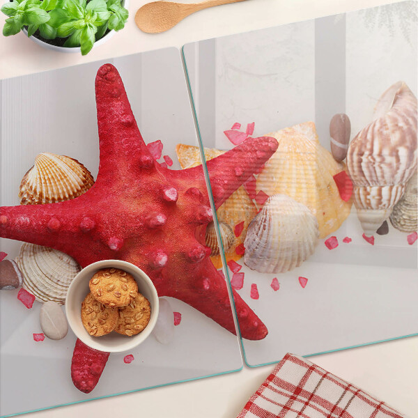 Tagliere in vetro temperato con motivo con conchiglie e stella marina