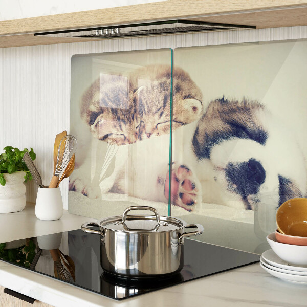 Tagliere in vetro temperato con stampa di gatti e di un cagnolino che dormono insieme
