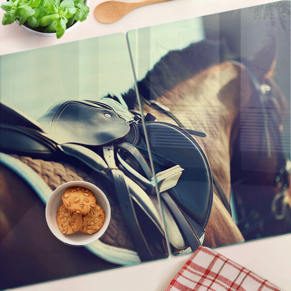 Tagliere in vetro con motivo cavalli, adatto per accessori e attrezzatura per l'equitazione