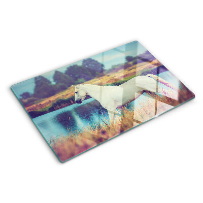 Tagliere in vetro temperato con stampa di un cavallo bianco sull'acqua