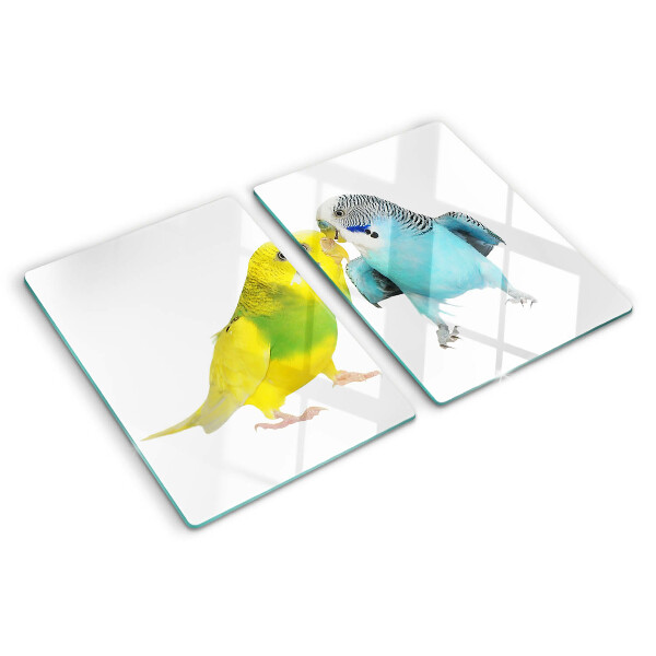 Tagliere in vetro temperato con decorazione di pappagalli nei toni del giallo e del blu